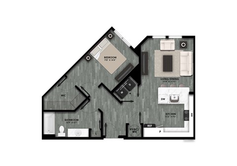 Floor plan for 1 bed, 1 bath, 686 sqft